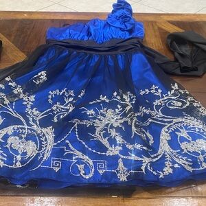 Blondie Nites Royal Blue One-Shoulder Cocktail Dress with Silver Embroidery